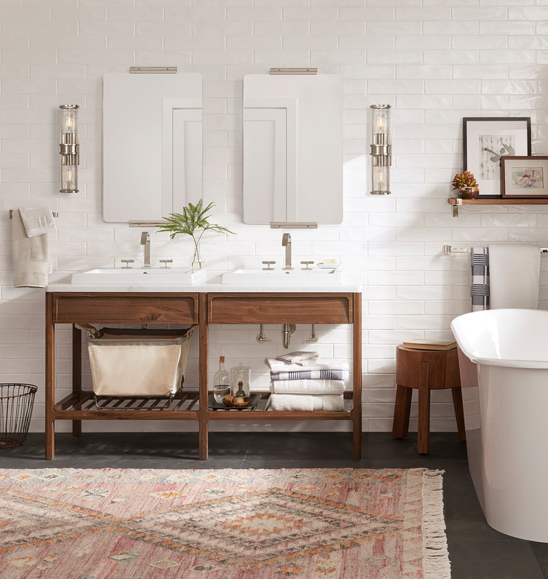 midcentury double open bathroom vanity with self-rimming sinks and marble countertop