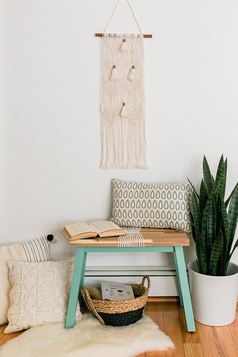 We decorated around our made-over bench using boho textures in a neutral color palette.