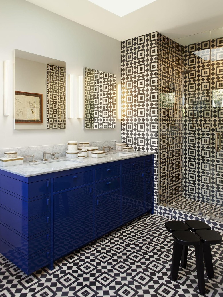 Modern bathroom with pattern tile floors and shower