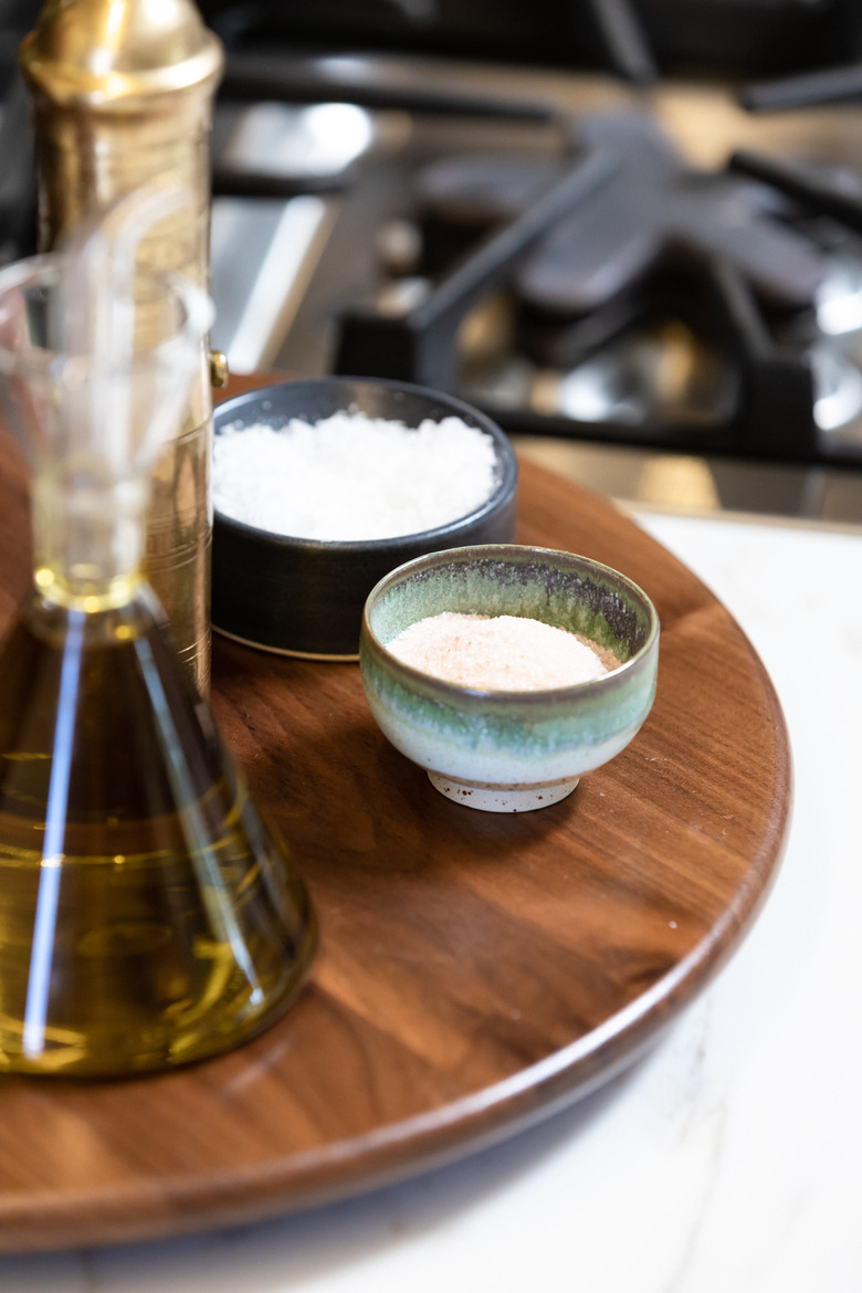 Lazy Susan with saltcellars and olive oil