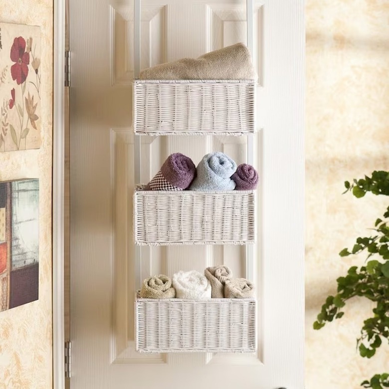 three-tier white wicker over-the-door organizer