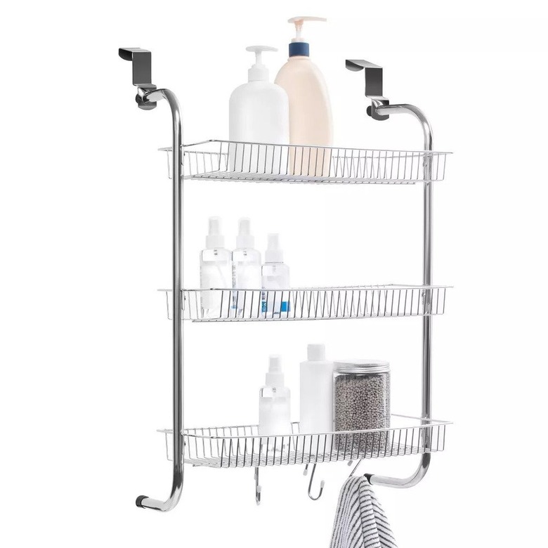 chrome wire shelf and hook over-the-door bathroom organizer