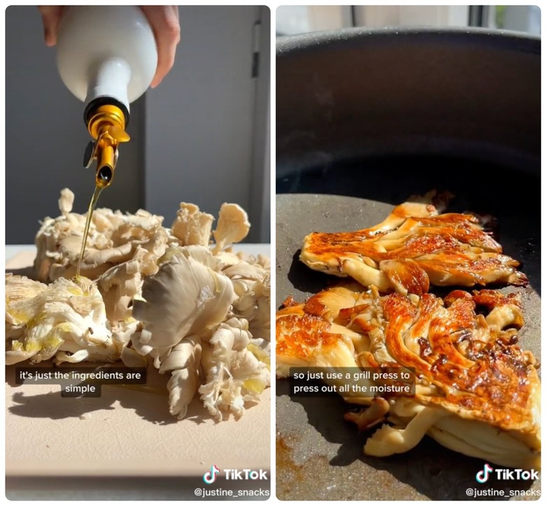 oyster mushrooms drizzled with olive oil then grilled on a pan