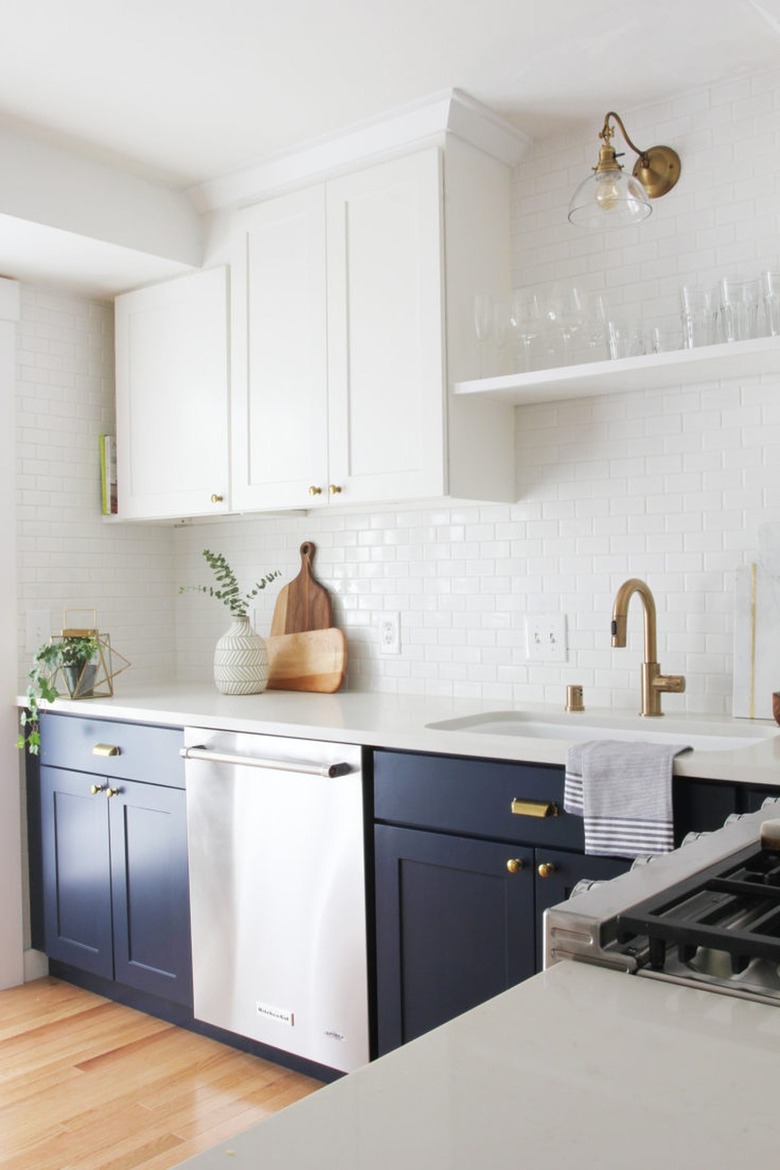 navy blue cabinets with white cabinets