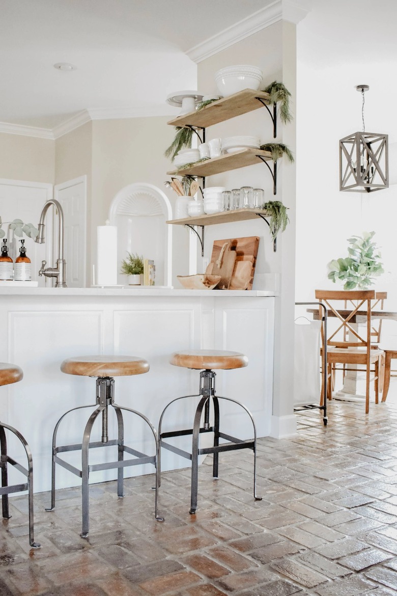 beige walls with white cabinets
