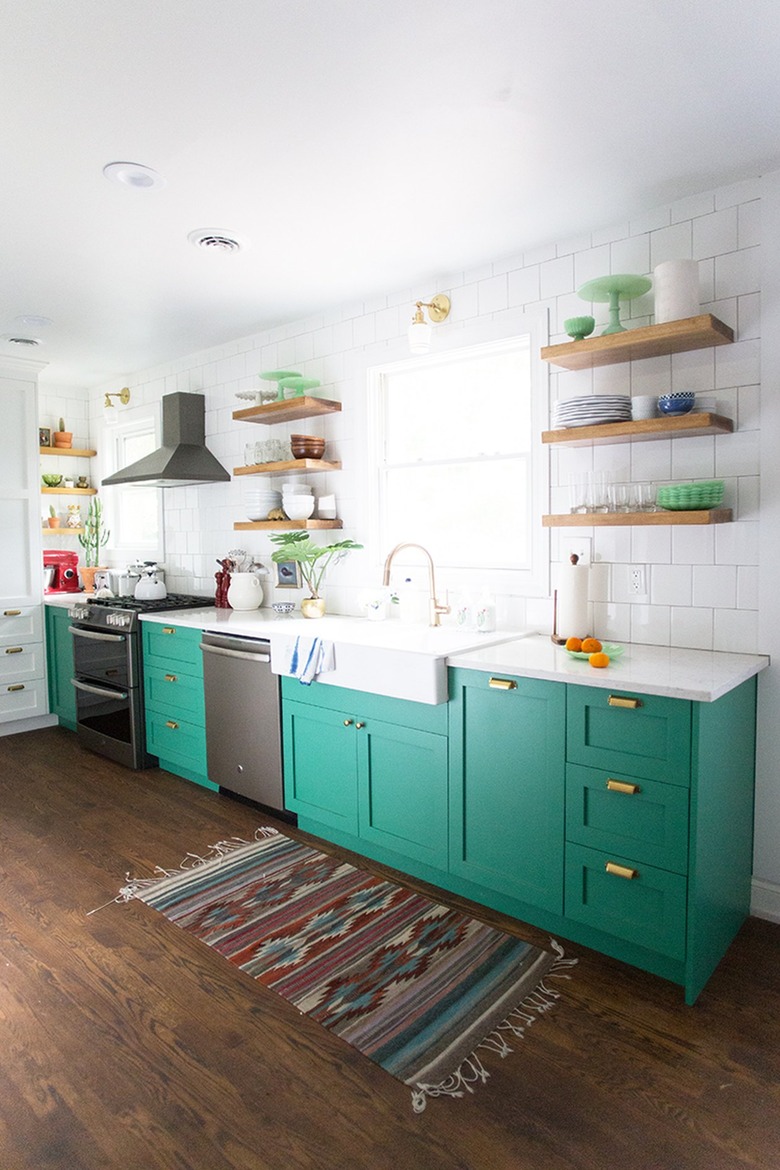 bright green kitchen cabinets in vintage inspired kitchen