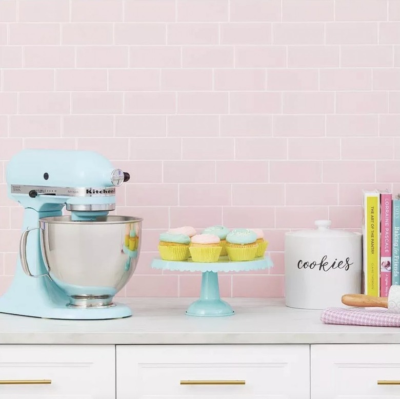 Pink backsplash adhesive tile