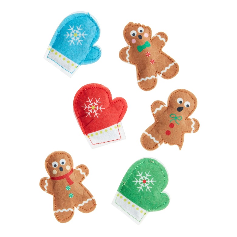 gingerbread people and mitten cat toys