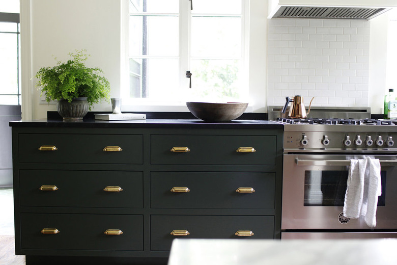 green kitchen cabinets subway tile