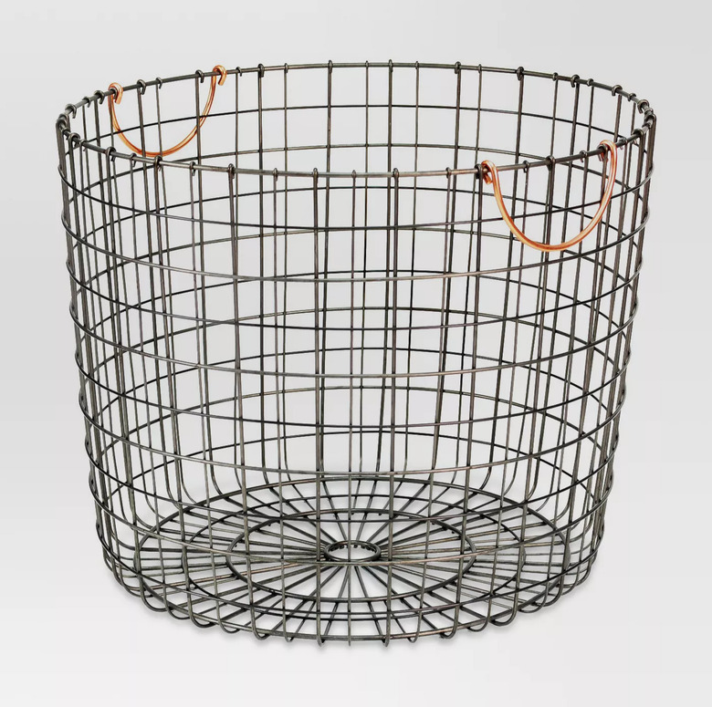 Black wire storage container with copper handles
