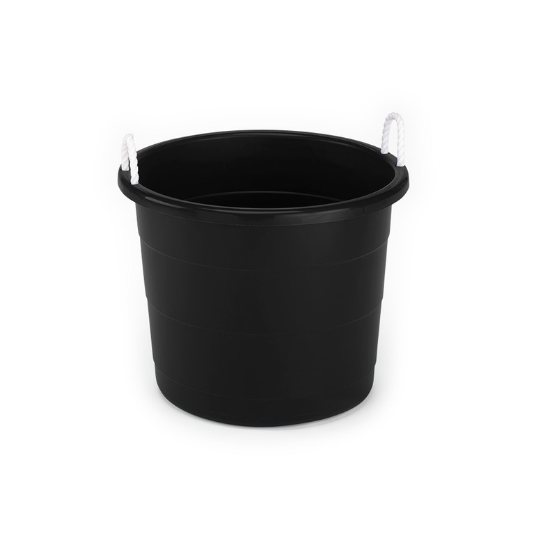 Black plastic storage container with white rope handles