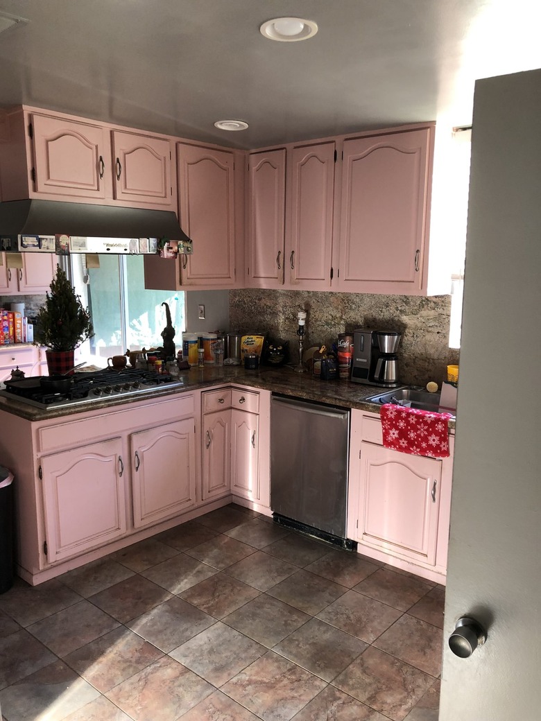 kitchen with pink cabinets