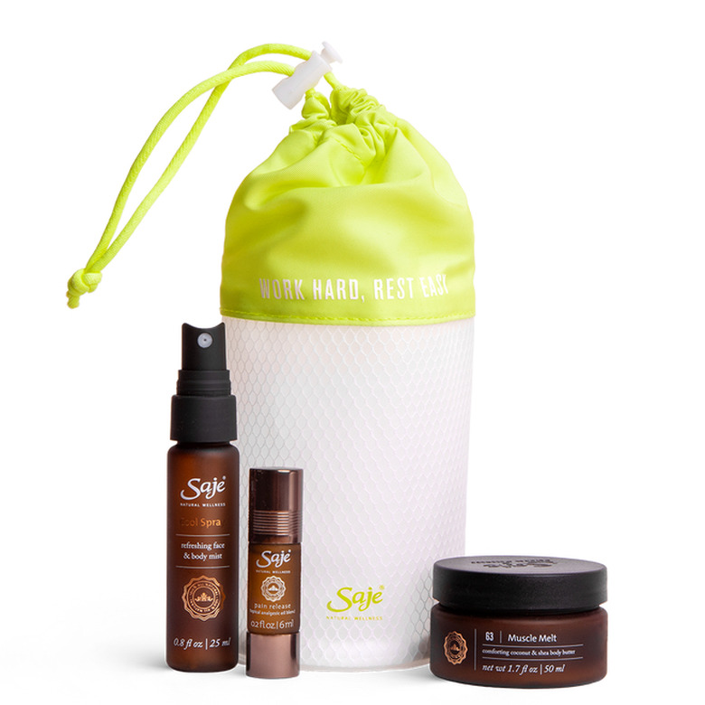 white drawstring bag with lime green top and beauty products