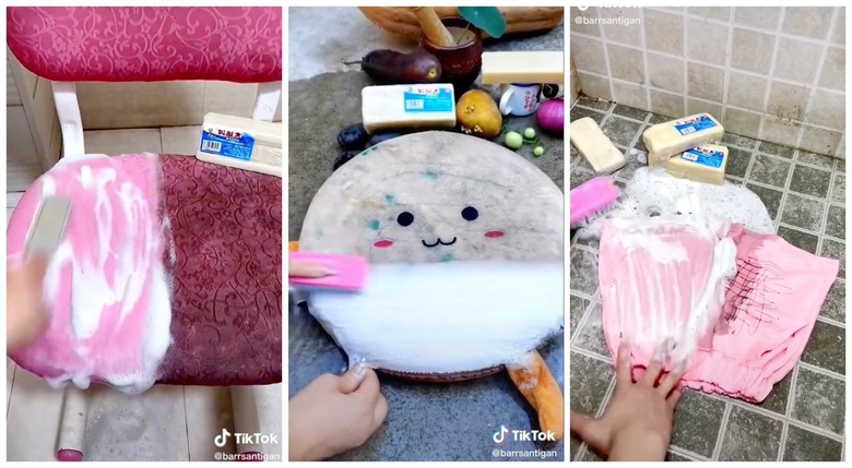 grand canal soap before and after cleaning photos on a chair