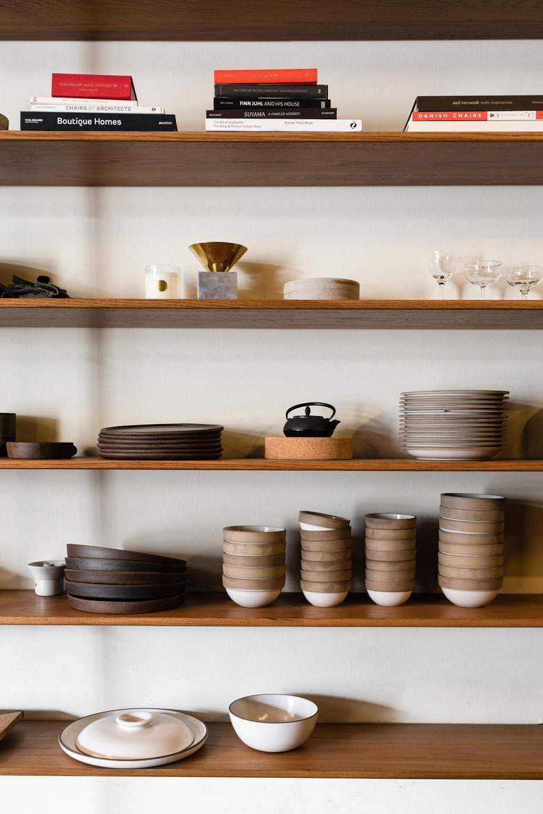 Wood shelves with ceramics