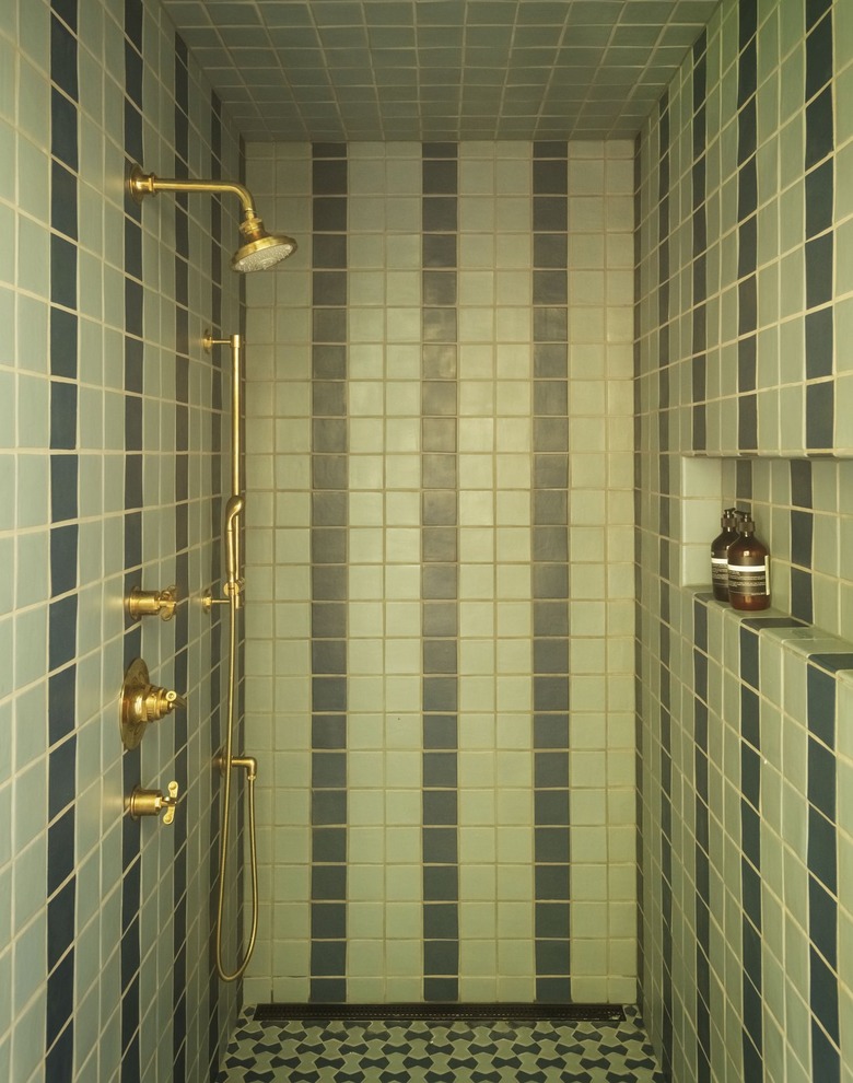 Shower with green striped tile and brass fixtures