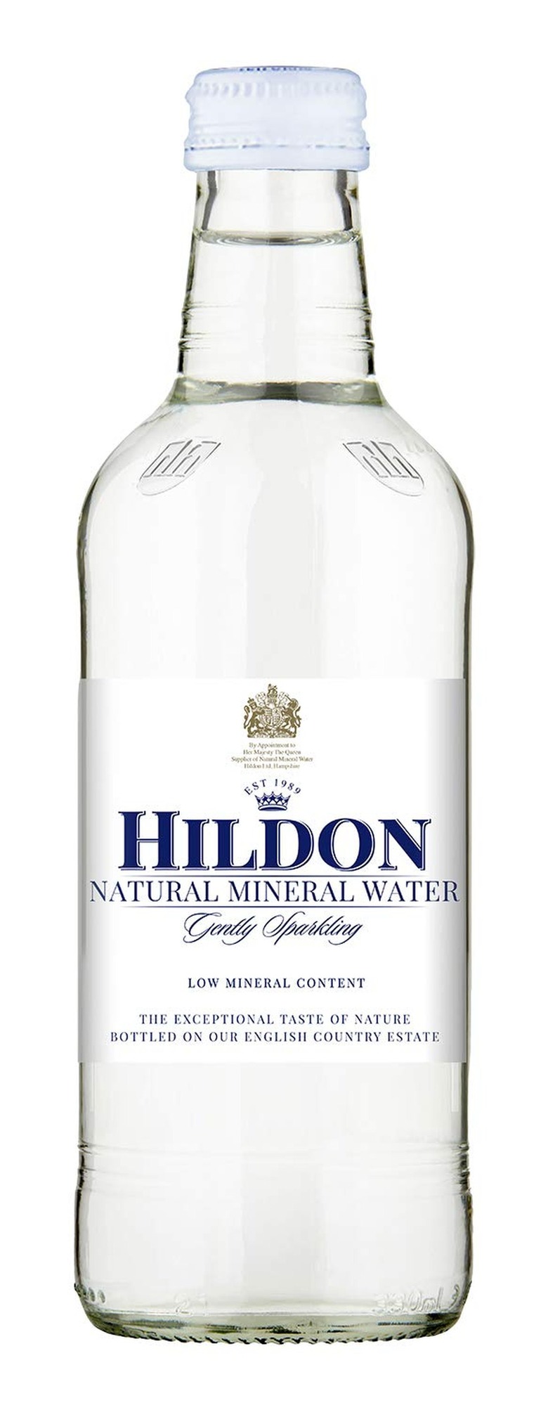 A clear bottle of Hildon Natural Mineral Water.