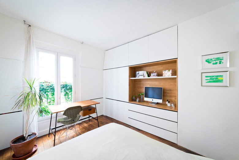 minimalist bedroom with built in storage