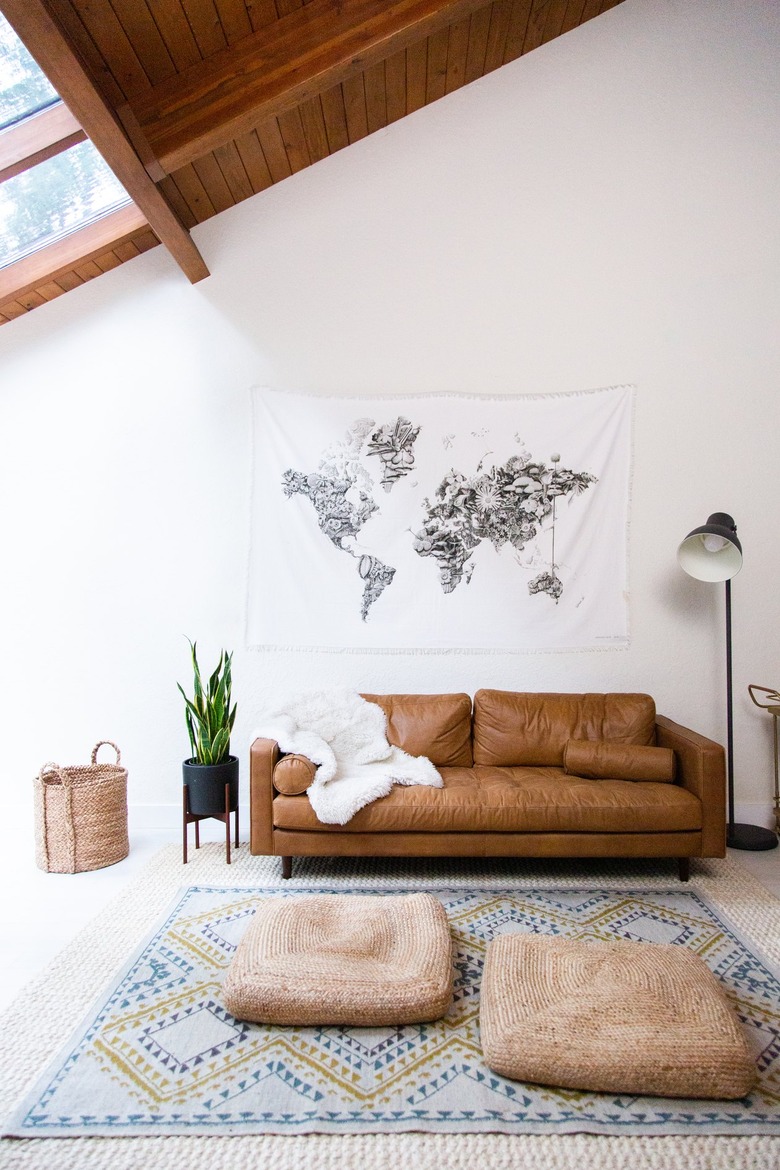 Living room with world map tapestry