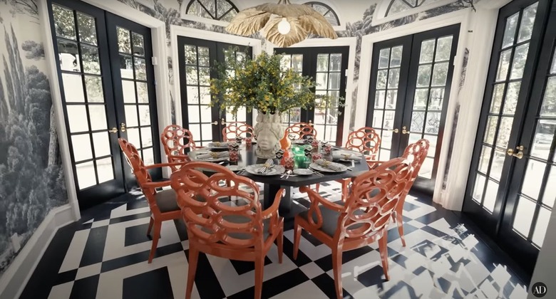 RuPaul's dining room featuring a black and white color scheme