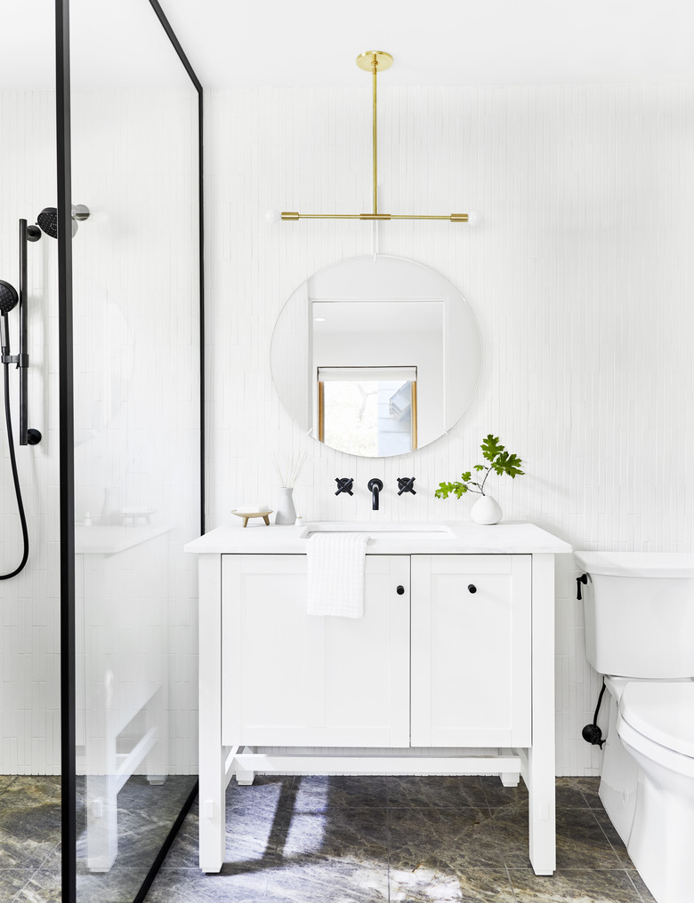 White modern Scandinavian bathroom vanity with white vanity