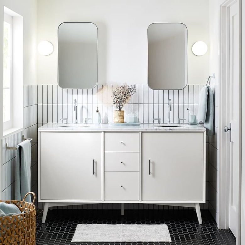 White Scandinavian bathroom vanity with midcentury vanity console