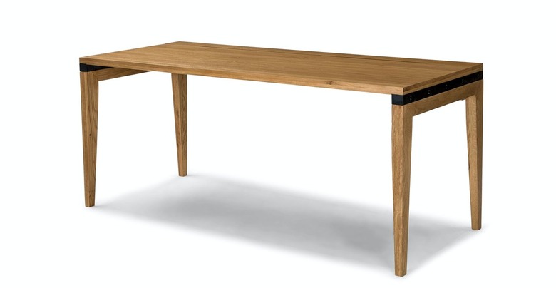 long oak Scandinavian desk on white background