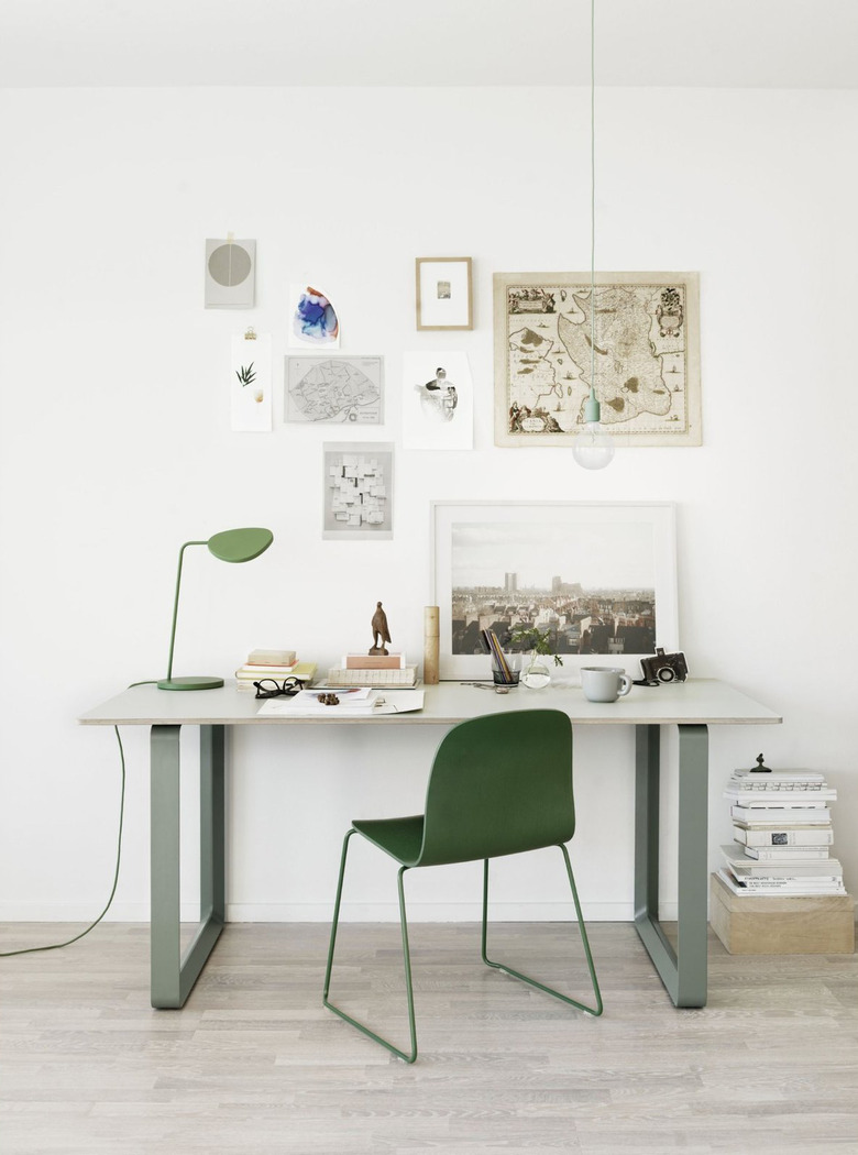 white Scandinavian home office with sage green and white desk