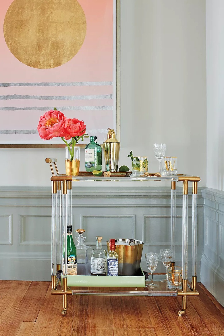 Lucite and brass finish bar cart