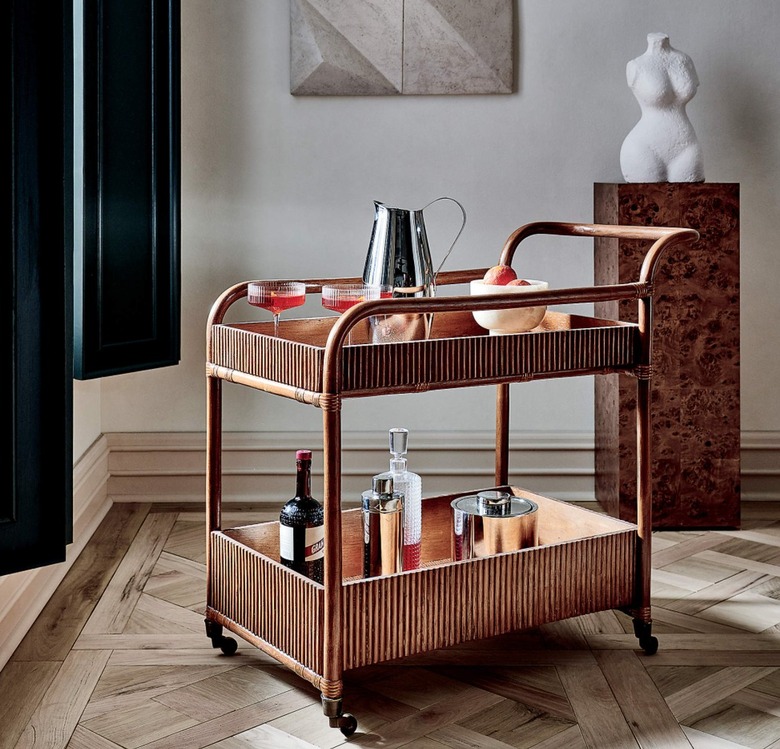 Fluted bar cart with glassware