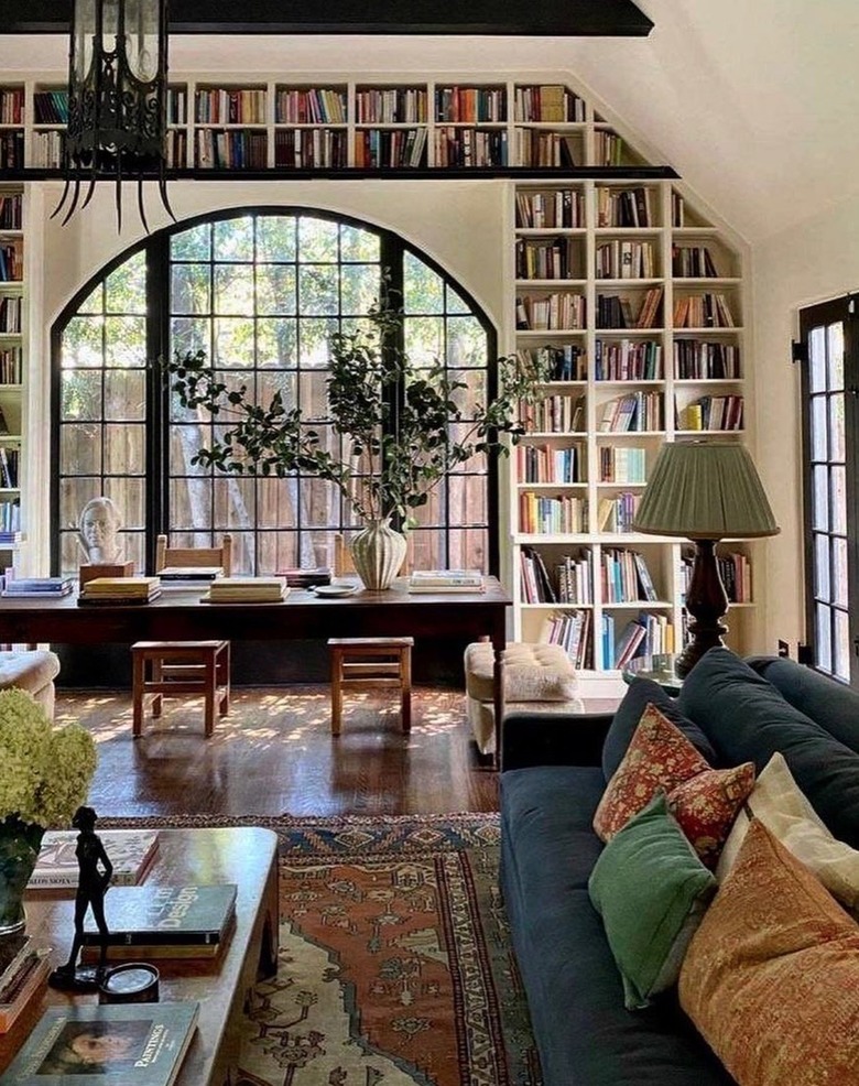 Traditional living room with home library