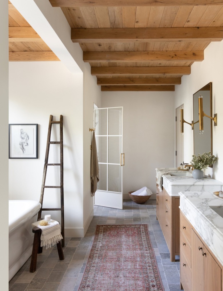 Modern rustic boho bathroom with wood beams