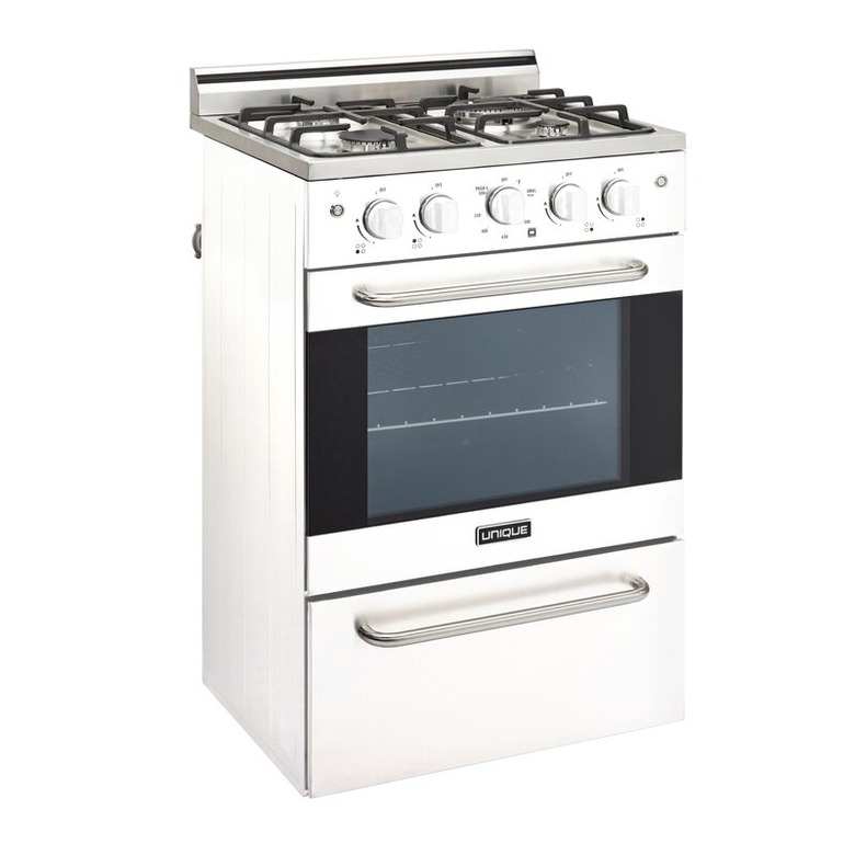 Black and white small gas stove with stainless steel details and drawer