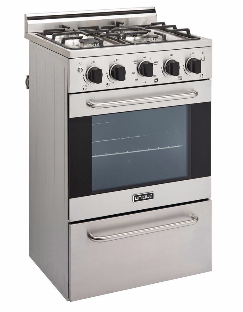 Stainless steel slide in gas range. Small Stove and Oven