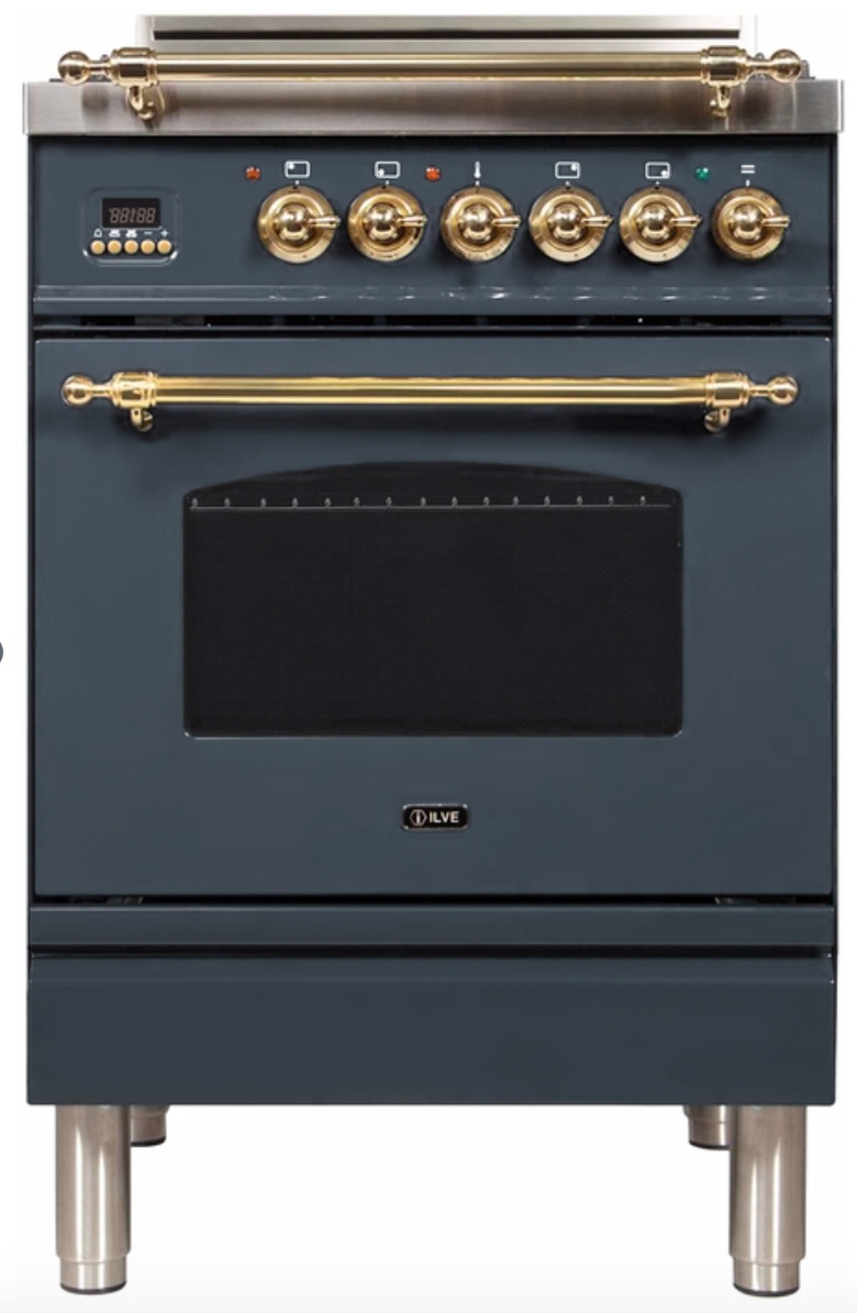 Blue gray gas range with brass trim. Small Stove and Oven