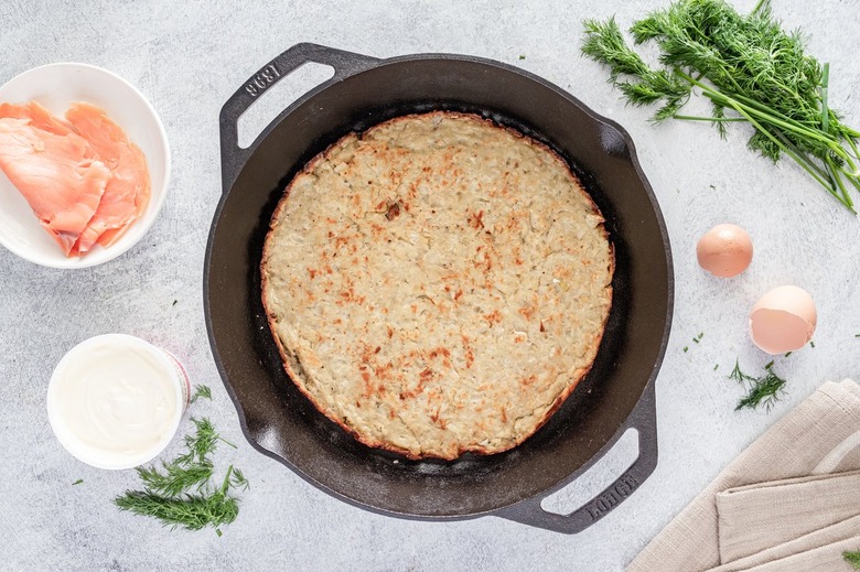 The toasted potato mixture inside the cast iron skillet.