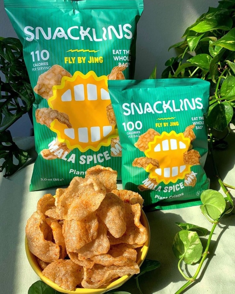 Snacklins Mala Spice Mix chips in a large bag and small