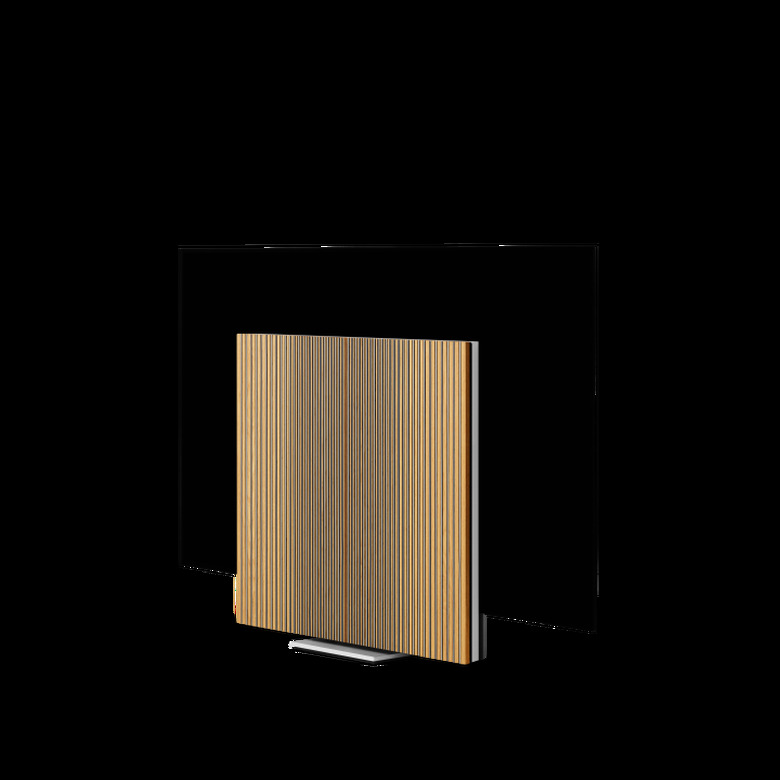 Flatscreen with modern wooden panel in front of it