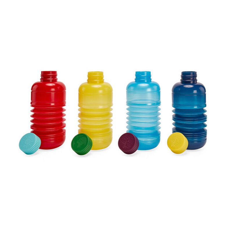 four water bottles in various colors