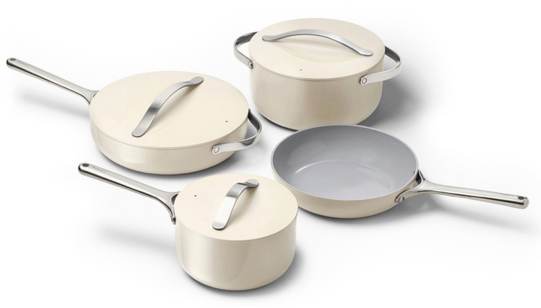 nonstick ceramic cookware set in white from Caraway