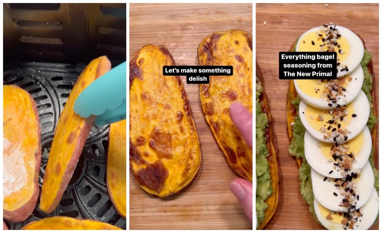 On the left is tongs flipping sliced sweet potato in the air fryer. In the middle are toasted slices of sweet potato on a wooden cutting board. On the right are slices of sweet potato topped with mashed avocado