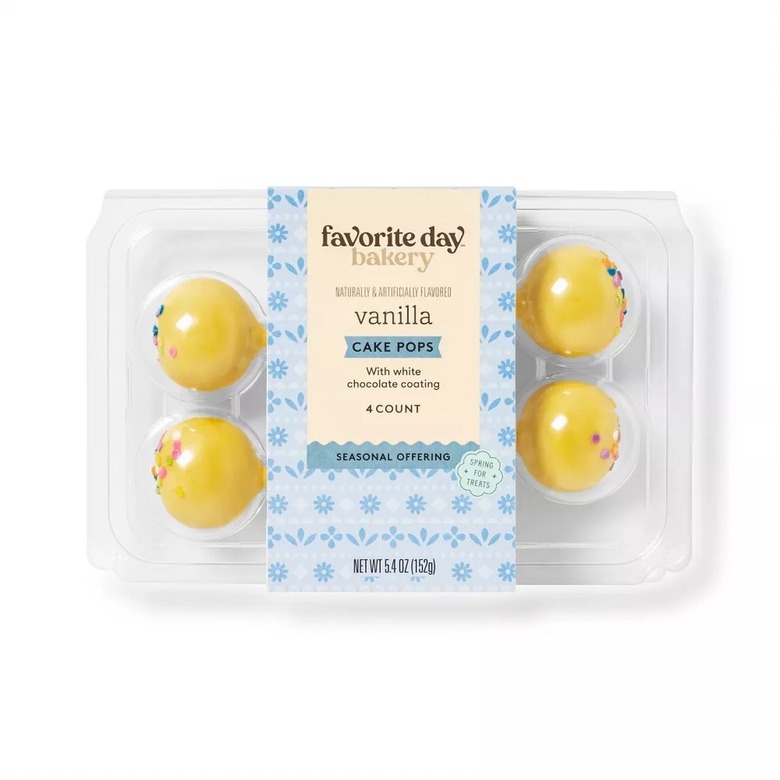 A package of Target vanilla cake pops with yellow-colored frosting and rainbow sprinkles.