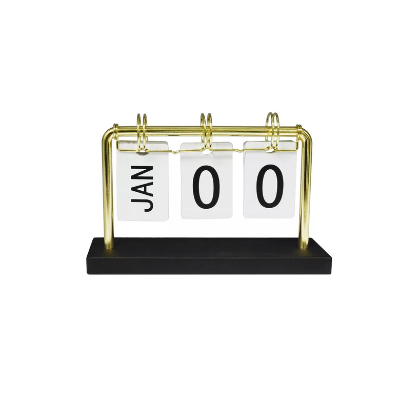 gold desk calendar with black stand