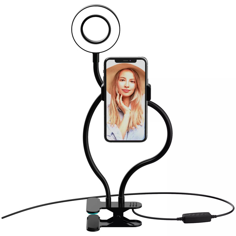 phone on stand with LED ring light