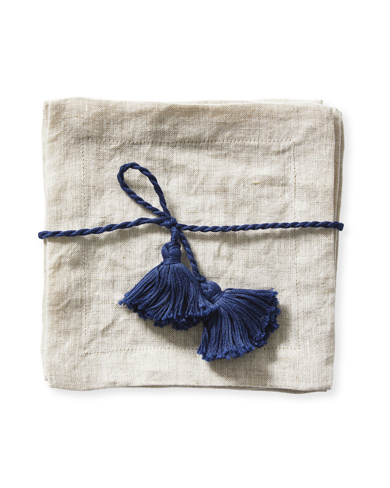 flax linen cocktail napkin with navy tassel