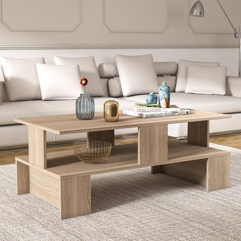 Rectangular wood coffee table with lots of open shelves