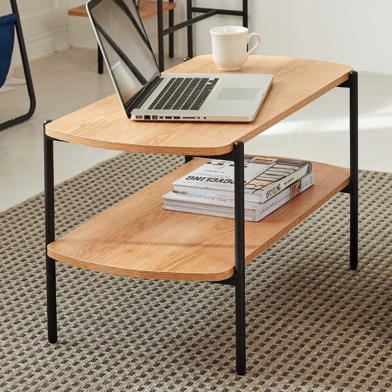 Wood coffee table with lower shelf and black metal legs