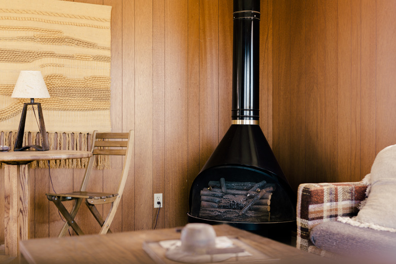 The corner midcentury fireplace at Sunever.