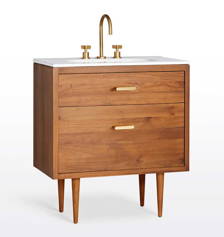 Wooden mid-century vanity with two drawers and gold hardware