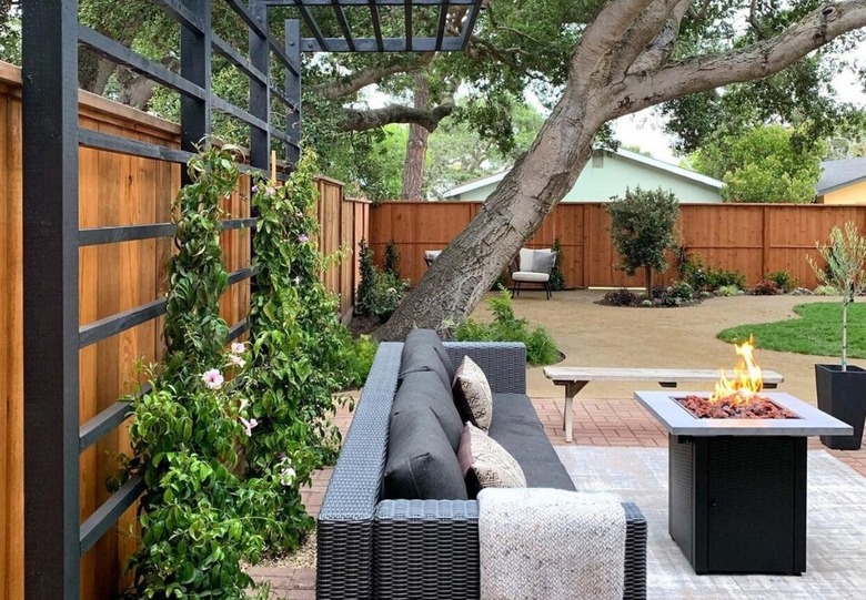 A black trellis with green plants is on a modern backyard patio